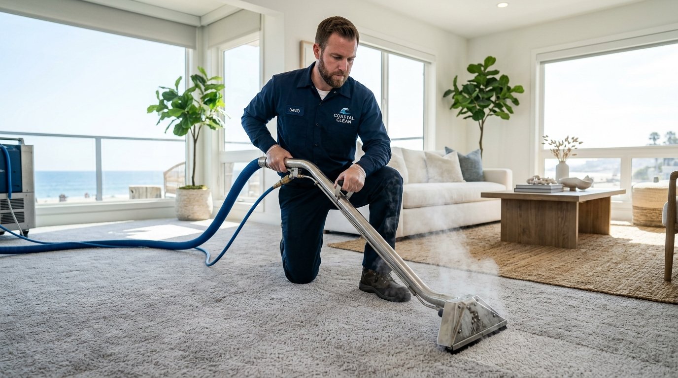 Professional carpet steam cleaning extraction wand moving over plush carpet